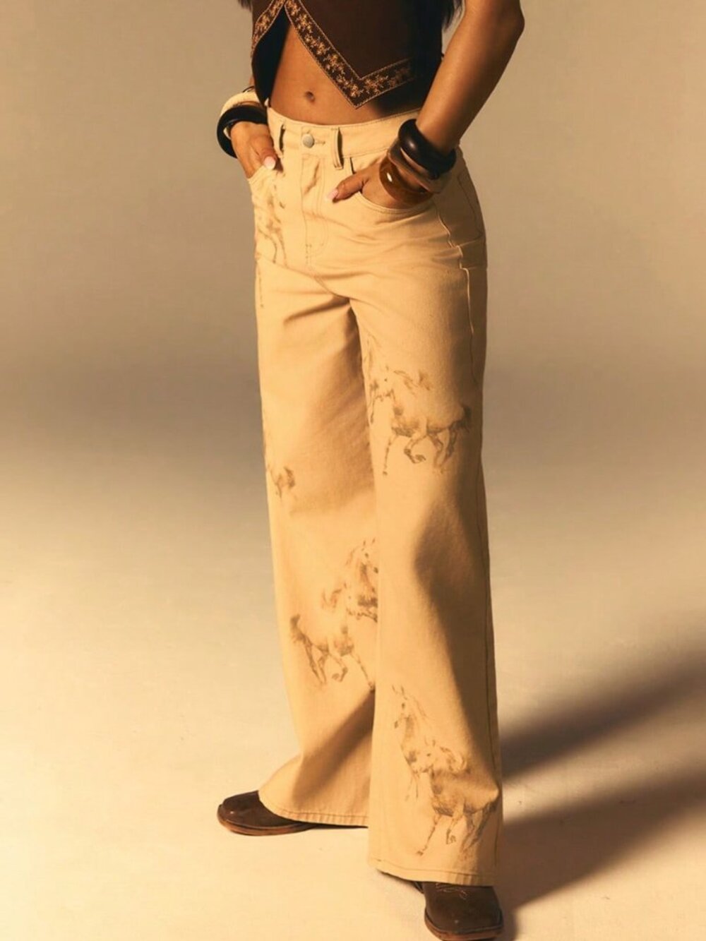 Multicolor Horse Print Casual Women's Denim Wide-Leg Jeans - Picture 4 of 5
